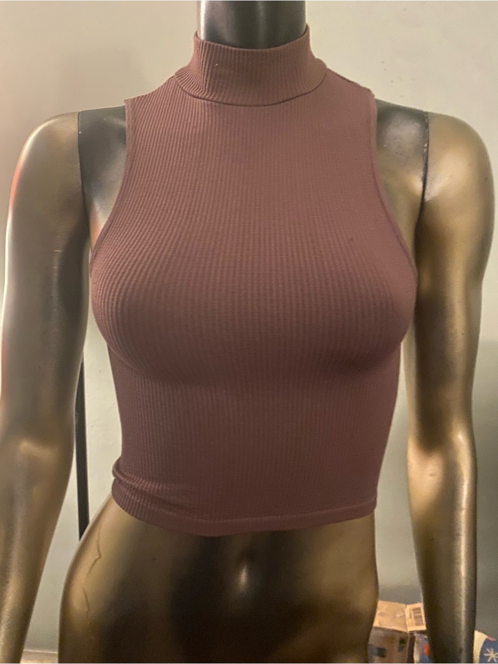 Zara Ribbed Mock Neck Crop Top - Mauve Brown